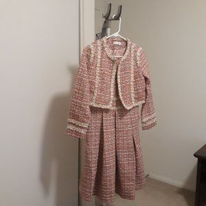 Pink Tweed Set-Elegant Long Sleeve Beading Jacket + Spaghetti Strap Dress